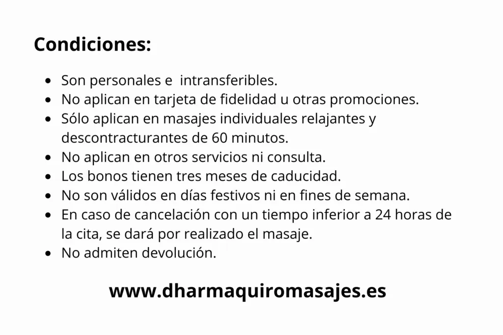 Condiciones: Bono Dharma 60 – 3 sesiones de masaje de 60 minutos por 105€