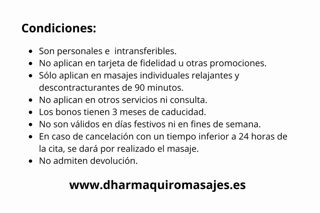 Condiciones: Bono Dharma 90 – 3 sesiones de masaje de 90 minutos por 150€