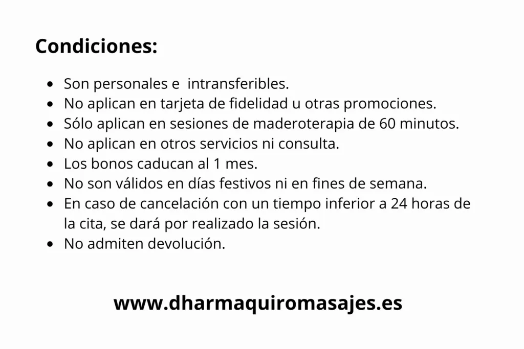 Condiciones: Bono masaje relajante – 4 sesiones por 180€ u 8 sesiones por 320€